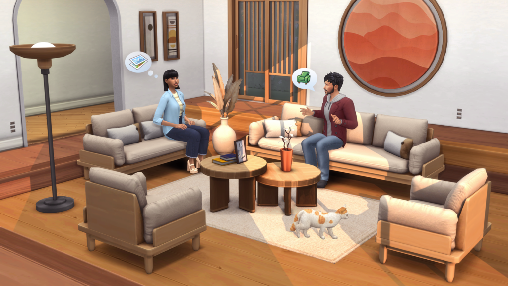 Sims 4 Marketplace Japandi Home Living Room by SixamCC two Sims sitting on sofas with armchairs coffee table floor lamp and round wall art