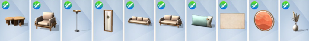 Sims 4 Marketplace Japandi Home Living Room Build Buy item list showing all 10 items by SixamCC