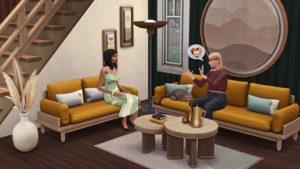 Sims 4 Marketplace Japandi Home Living Room by SixamCC Sims relaxing on sofas with armchairs coffee table pampas vase and round wall art in a wood-floor living room