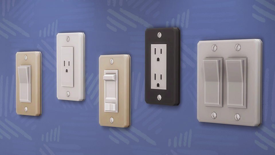 Sims 4 Marketplace North American Home Power Set by SixamCC showing decorative outlets and light switches