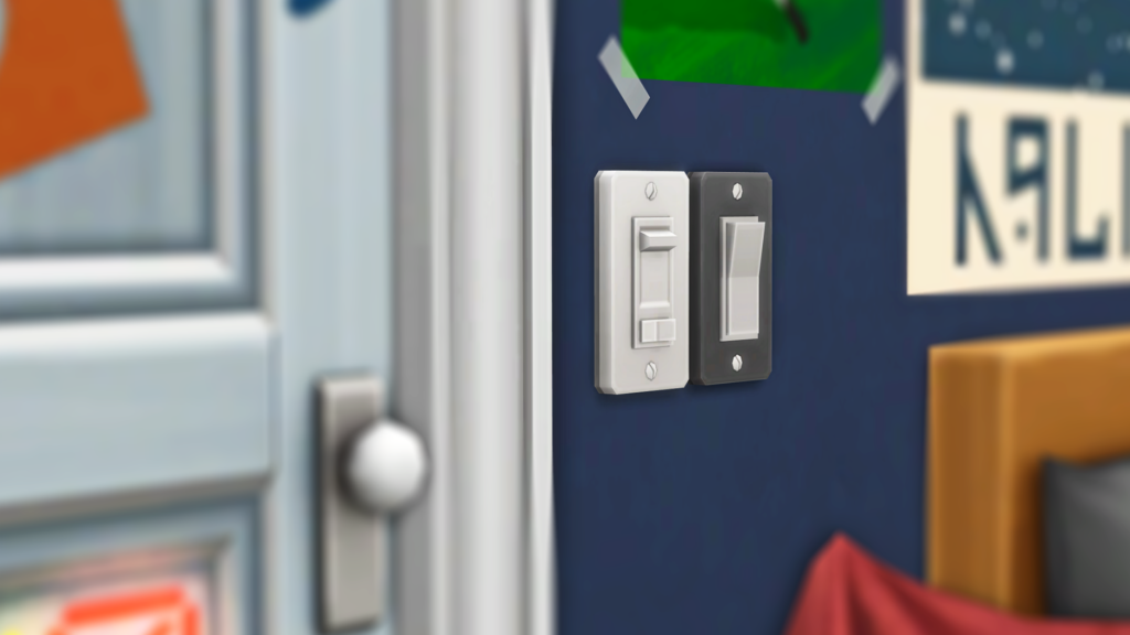 Sims 4 Marketplace North American Home Power Set by SixamCC decorative power outlets and switches in a Sims bedroom