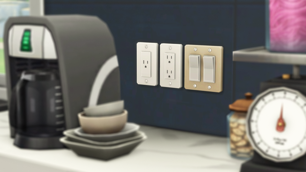 Sims 4 Marketplace North American Home Power Set by SixamCC decorative outlets and switches placed in a Sims kitchen