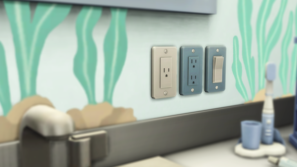 Sims 4 Marketplace North American Home Power Set by SixamCC outlets and switches in a modern Sims interior showing 10 color swatches