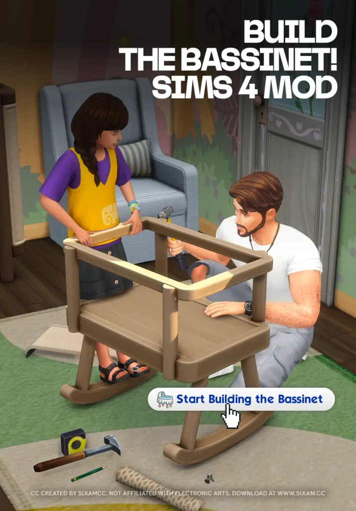 Sims 4 Build the Bassinet mod by SixamCC showing the Baby Prep Begins moodlet at the start of the bassinet build