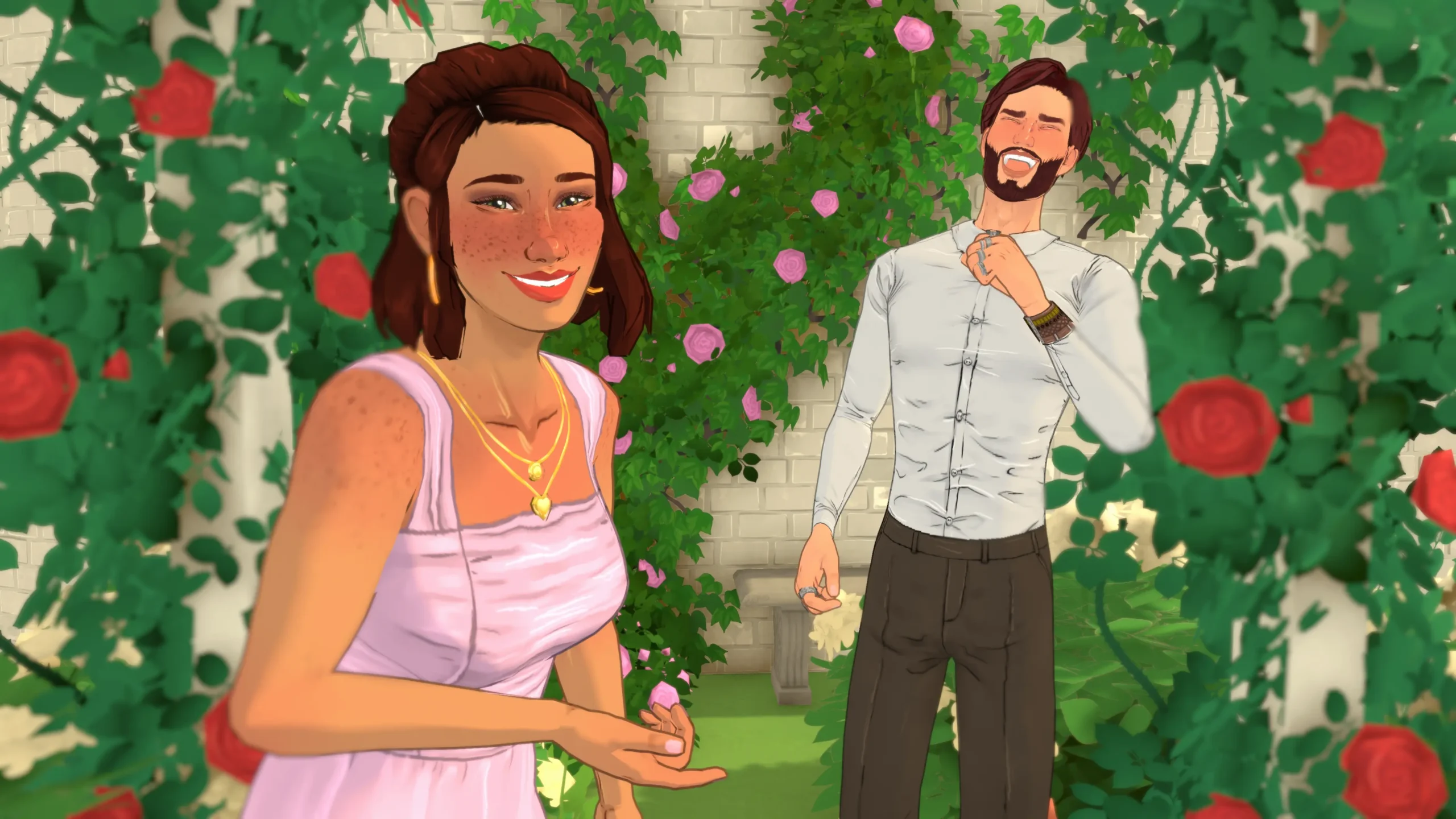 Paralives gameplay screenshot showing two Paras standing in a garden surrounded by red and pink roses climbing a white brick wall