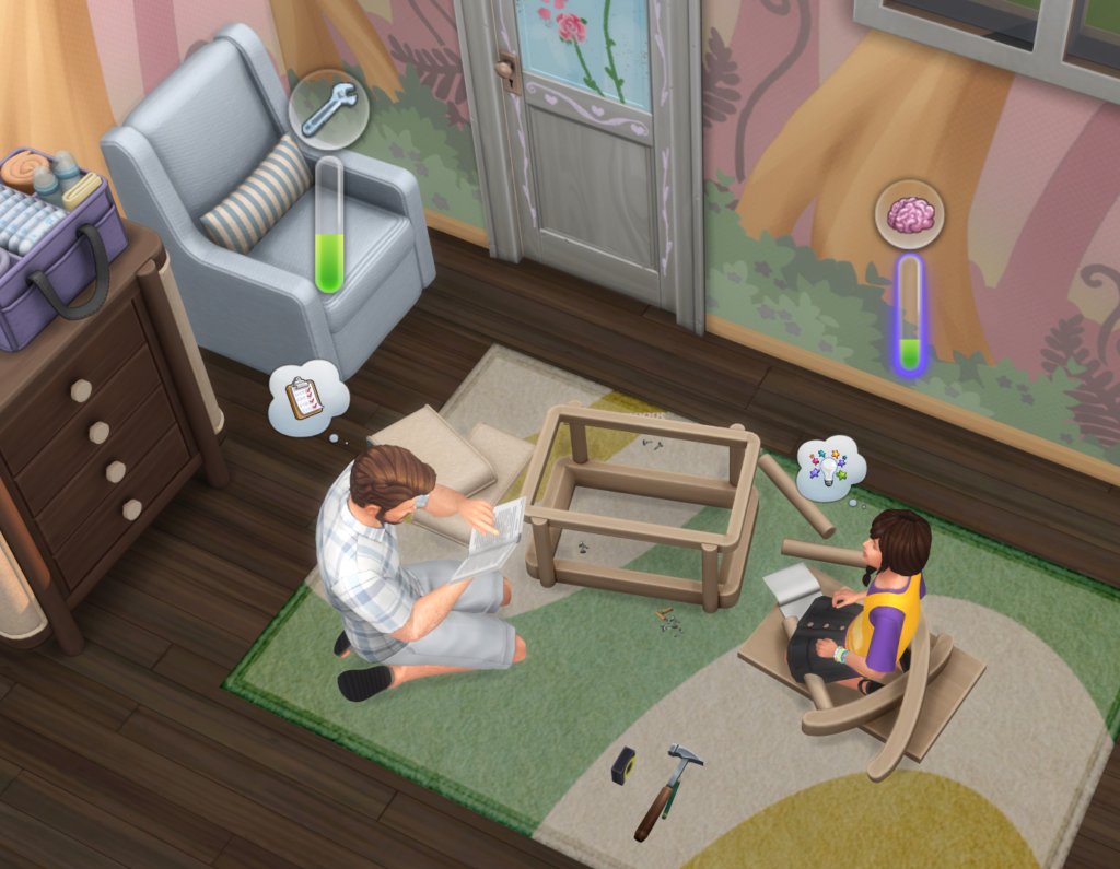  Sims 4 Mod Build the Bassinet mod by SixamCC showing an adult Sim and a child Sim assembling the bassinet together in a nursery, leveling up Handiness and Mental skills