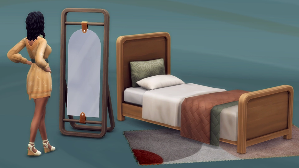 Bed CC for Sims 4 by SixamCC, a warm wood bed frame and leaning floor mirror in a calm Japandi bedroom
