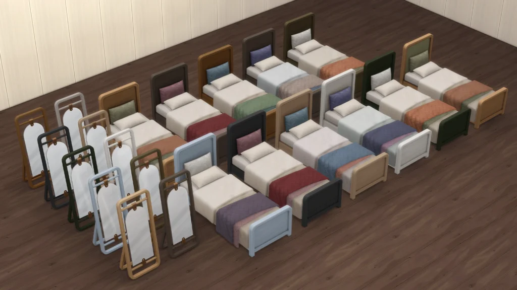 Bed CC for Sims 4 by SixamCC shown in 10 warm wood swatches for mixing and matching