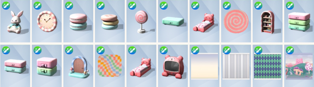 The Sims 4 Marketplace Candy Wonderland kids bedroom CC showing all 20 build items including gummy bear beds, candy bow dressers, macaron nightstands, bookcase, rugs and wallpapers by SixamCC