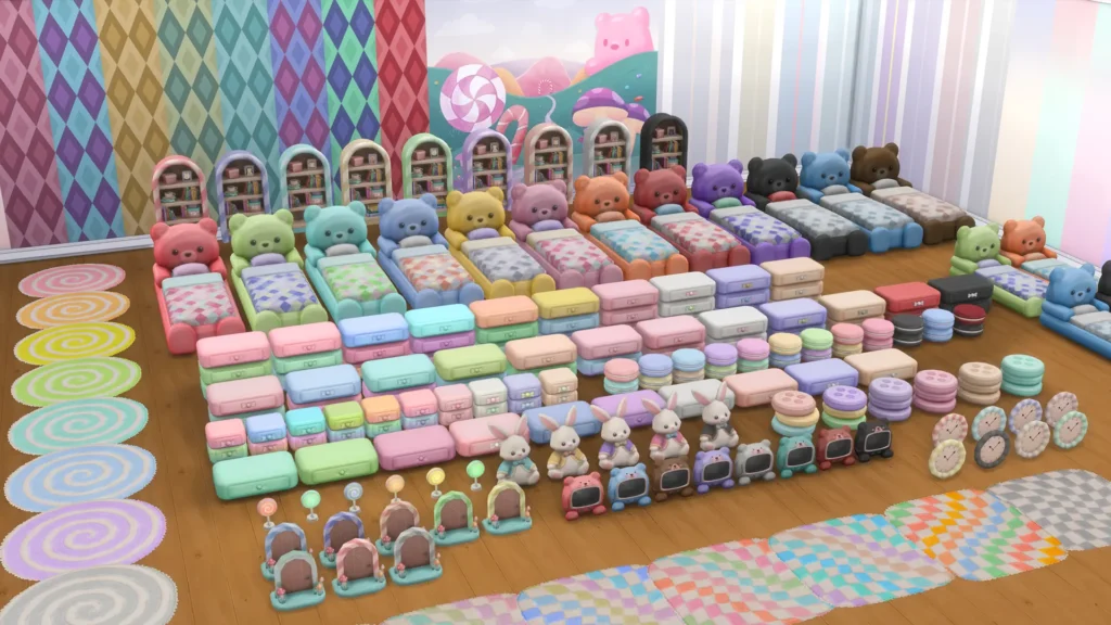 The Sims 4 Marketplace Candy Wonderland kids bedroom CC showing all swatches of every gummy bear bed, dresser, macaron nightstand and rug by SixamCC