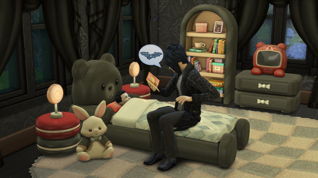 The Sims 4 Marketplace Candy Wonderland kids bedroom CC in dark gothic swatches with a vampire parent and child by SixamCC