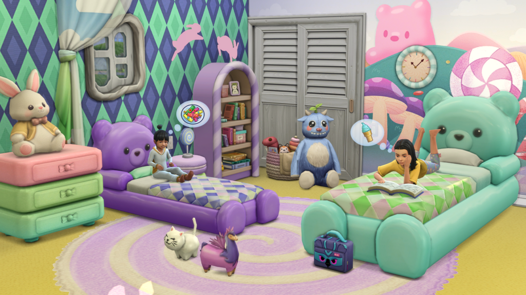 The Sims 4 Marketplace Candy Wonderland kids bedroom CC with purple and teal gummy bear beds, bow dressers and a swirl rug by SixamCC