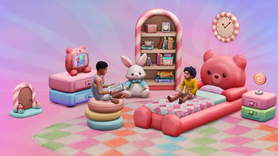 The Sims 4 Marketplace Candy Wonderland kids bedroom CC promo art with a pink gummy bear bed, bear TV and bunny plush by SixamCC