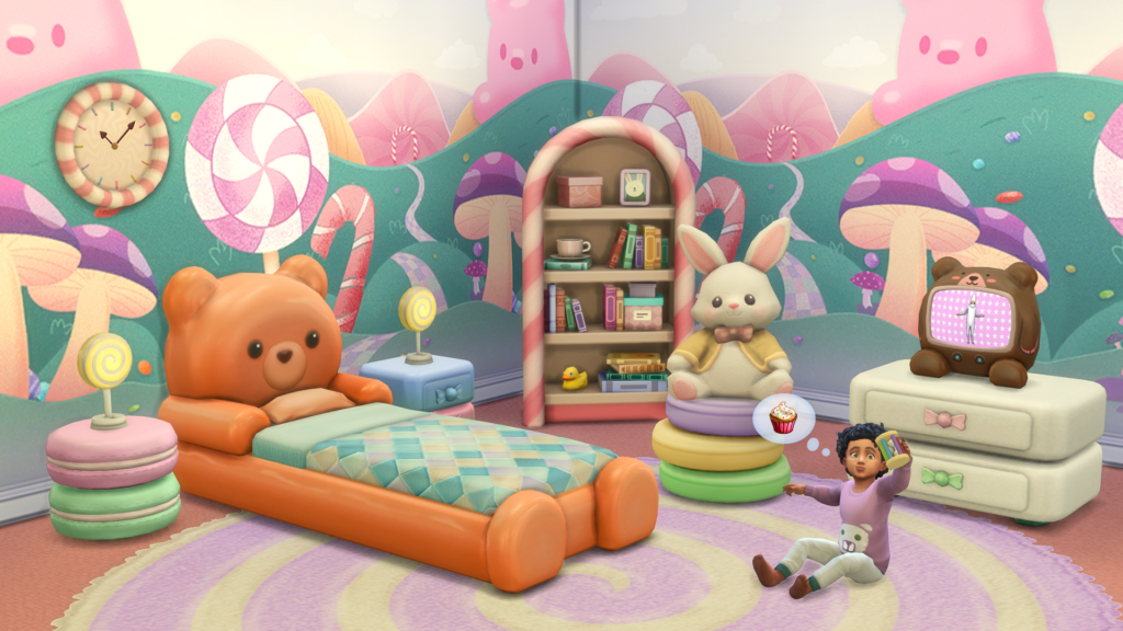 The Sims 4 Marketplace Candy Wonderland toddler bedroom CC with an orange gummy bear bed, candy bookcase, bunny plush and bear TV by SixamCC