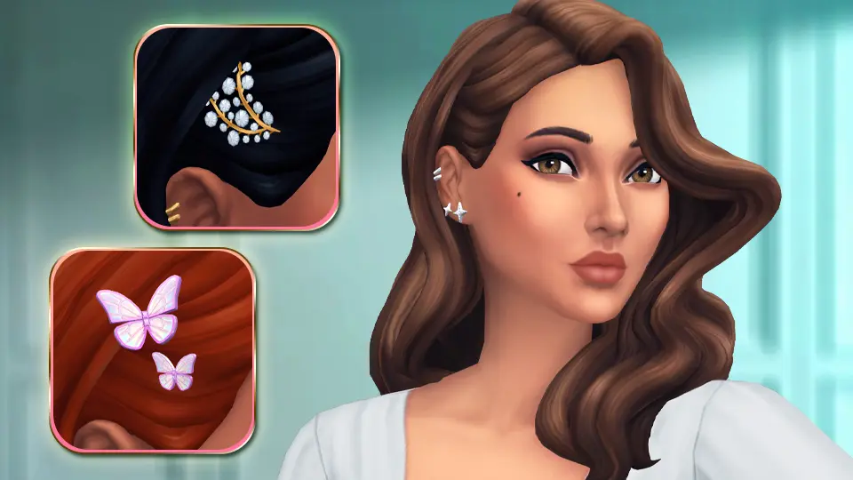 Seline Hairstyle Sims 4 Marketplace CC by SixamCC, shown with crystal branch and butterfly clip variants