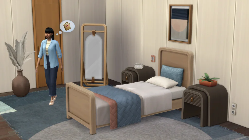 Sims 4 bed CC by SixamCC, a wood bed frame with a soft quilted throw styled in a Japandi bedroom