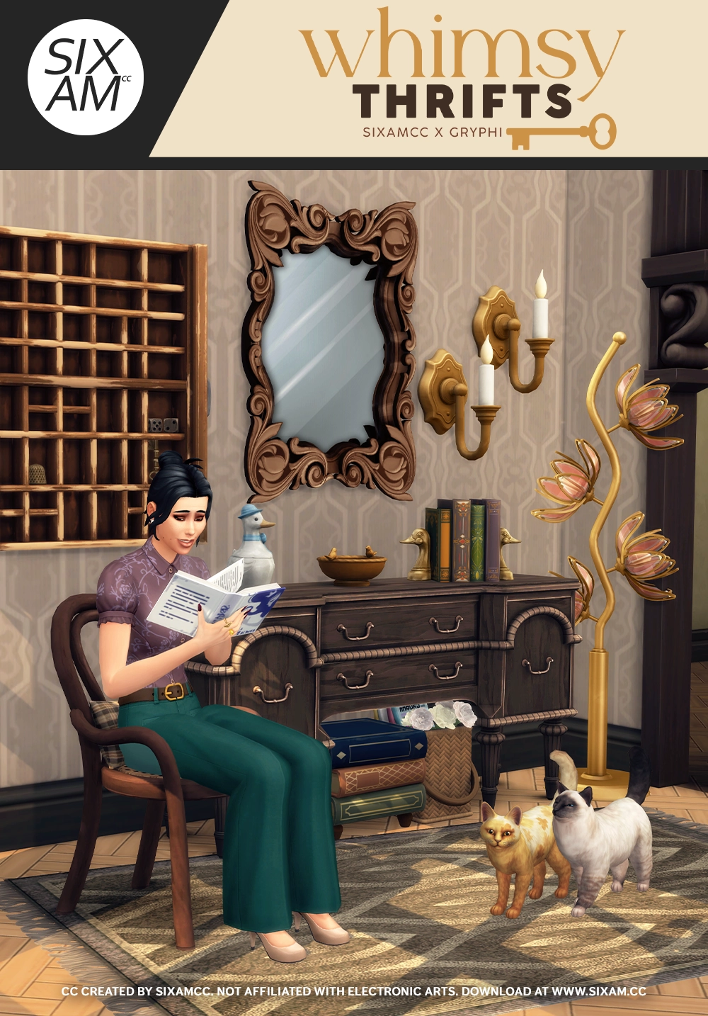 Sims 4 CC Pack Whimsy Thrifts cover image featuring vintage furniture and décor by SixamCC and Gryphi