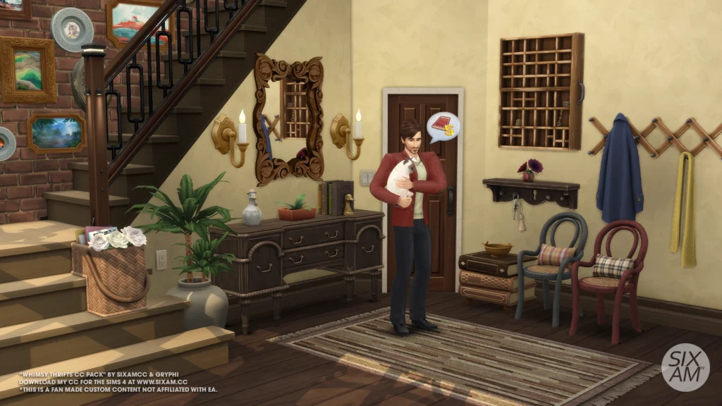 Sims 4 CC Whimsy Thrifts pack preview showing vintage hallway furniture and décor by SixamCC and Gryphi