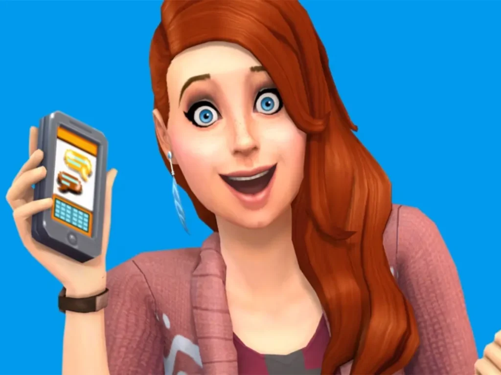 Sims 4 marketplace update Sim excited holding phone with notifications