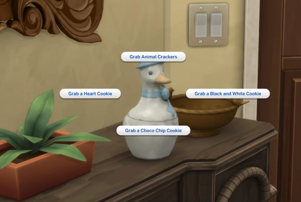 Sims 4 Mod pie menu showing cookie options on the Whimsy Goose Cookie Jar including animal crackers and heart cookie