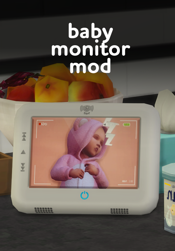 Sims 4 Mod functional baby monitor screen by SixamCC showing a custom baby photo displayed on the nursery monitor