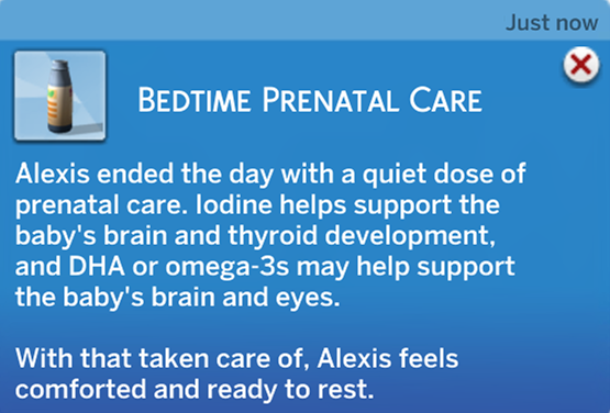Sims 4 Mod SixamCC bedtime prenatal care notification with iodine and omega 3