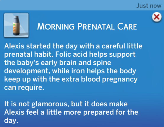 Sims 4 Mod SixamCC morning prenatal care notification with folic acid and iron