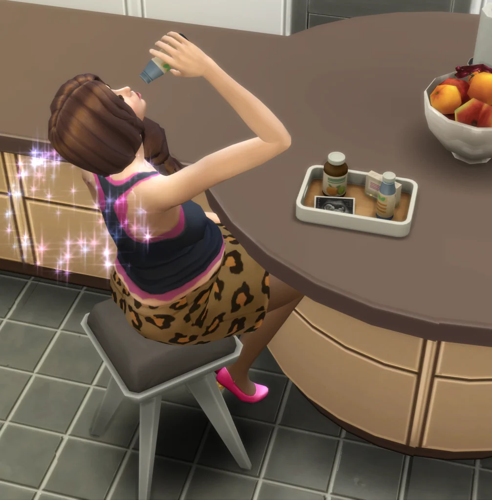 Sims 4 Mod SixamCC pregnant Sim drinking prenatal vitamins in the kitchen