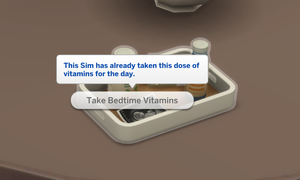Sims 4 Mod SixamCC message showing prenatal vitamin dose already taken