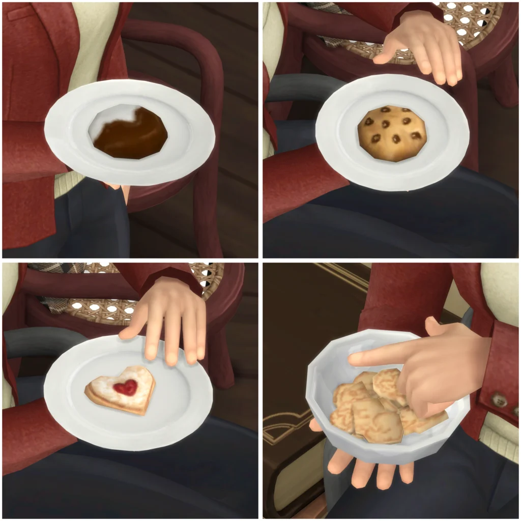SixamCC Sims 4 Mod Sim grabbing different cookies from the Whimsy Goose Cookie Jar including choco chip and heart cookie